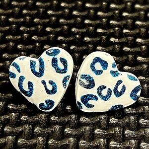 NEW White & Blue Leopard Print Resin & Polymer Clay Heart Stud Earrings